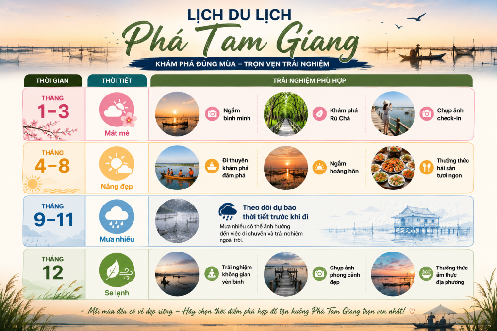 Khám phá lịch du lịch Phá Tam Giang, Huế theo từng mùa với thông tin về thời tiết, thời điểm đẹp và các trải nghiệm như ngắm bình minh, đi thuyền, check-in, thưởng thức hải sản.
